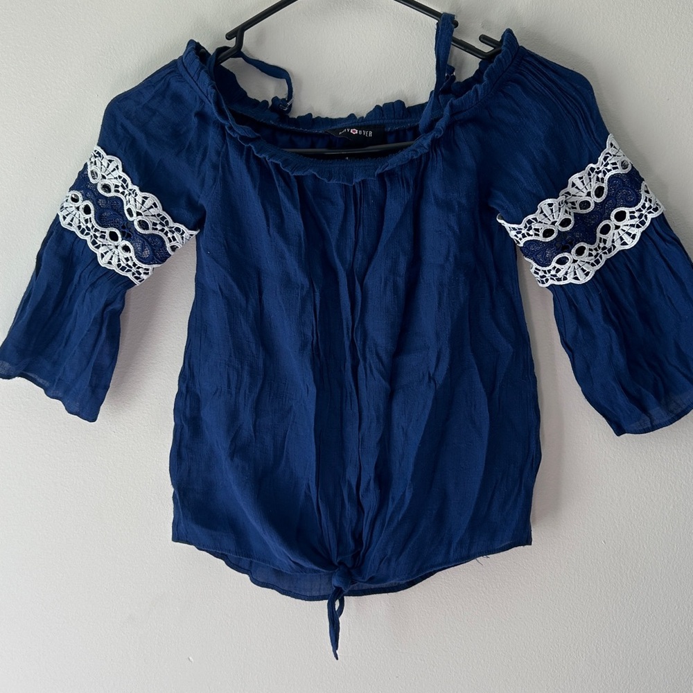 Amy Byer Navy Blue Blouse with White Lace